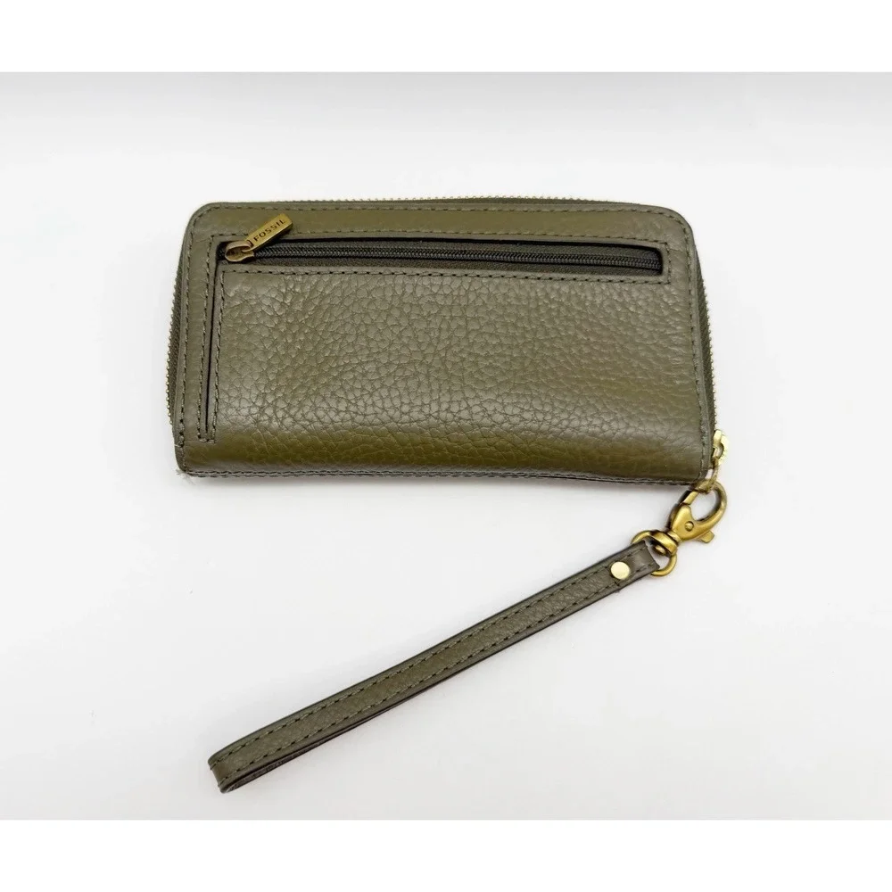 Fossil Wristlet Wallet Women's Green Leather Zip Around Clutch Cell Phone